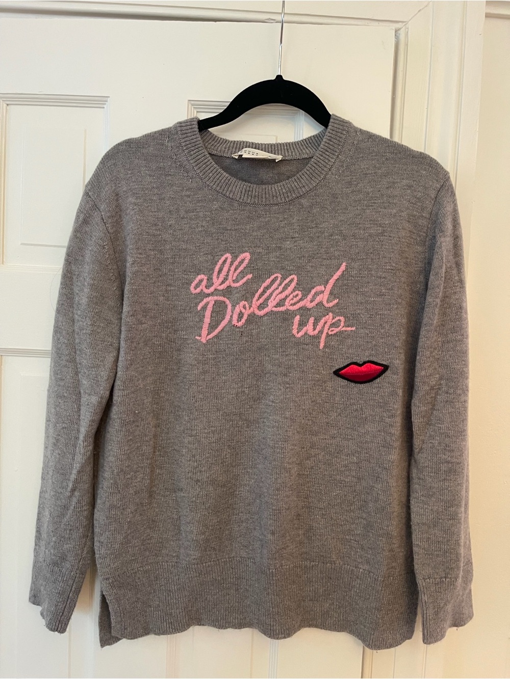 kate spade Gray Crewneck Sweater with Pink Script and Red Lip Patch